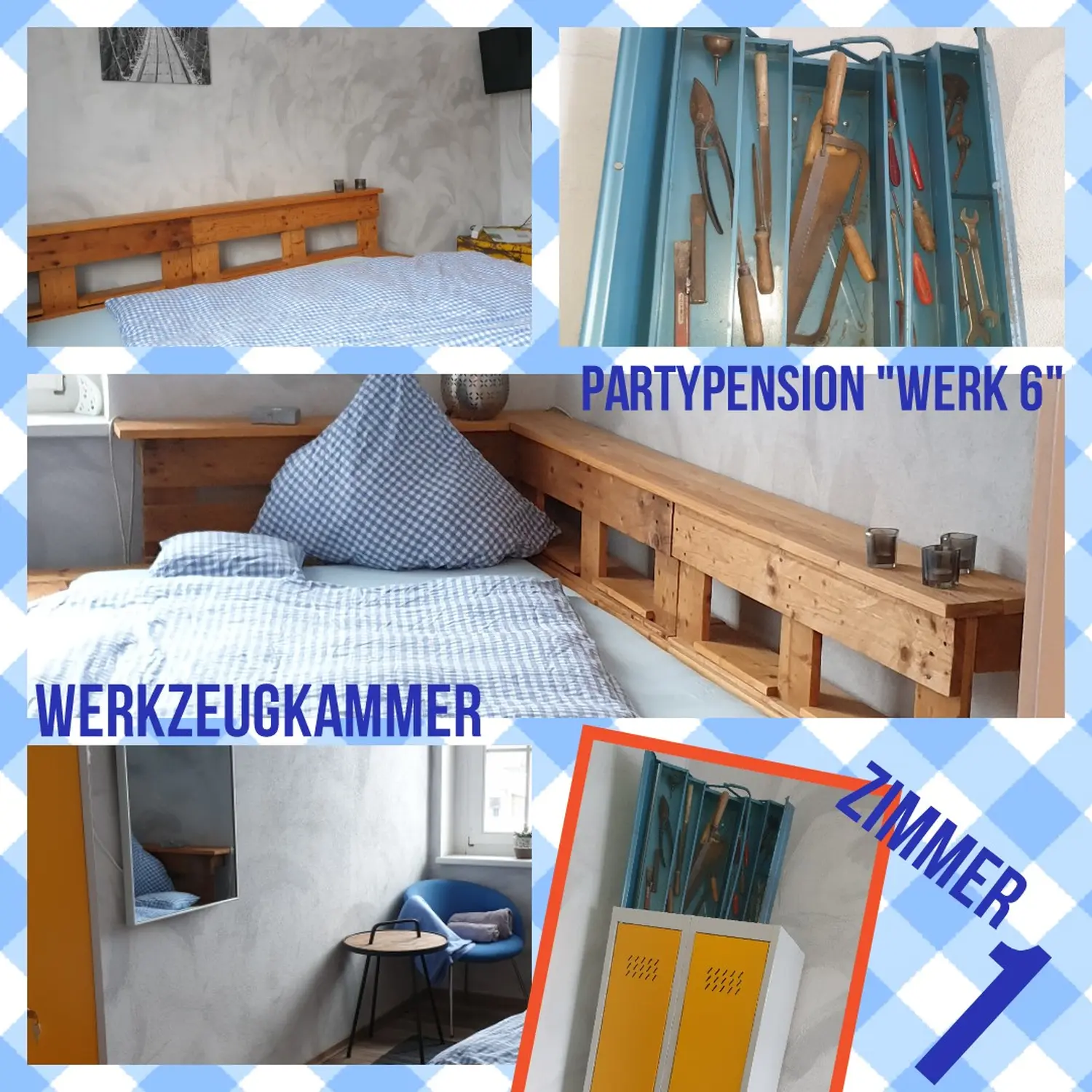 Werk 6 Zimmervermietung Party Pension - Gästehaus - Zimmer 1 Partypension mit Betten und Deko
